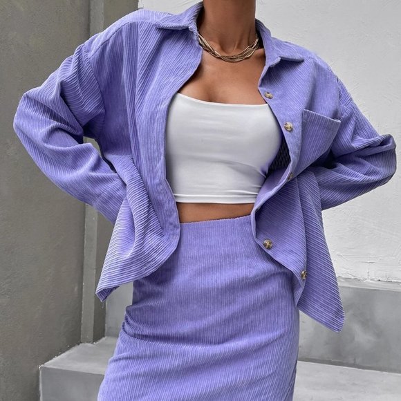 Coord Set Corduroy Blouse & Skirt - purple - Picture 4 of 5